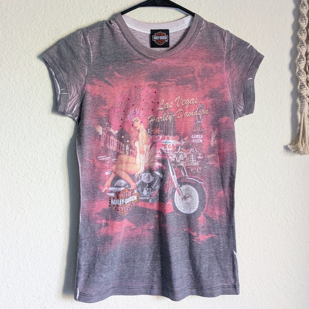 Harley Davidson Las Vegas Rhinestone Short Sleeve T-Shirt Pink Women's